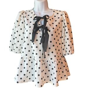 MelloDay Polka Dot Tie Neck Peplum Blouse - Women's‎ Size Small White Black